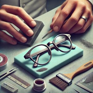 A depiction of the post-processing stage for 3D printed medical glasses, showing hands carefully sanding and polishing the frames to achieve a smooth finish. The scene includes tools like fine sandpaper and a small polishing cloth, emphasizing the meticulous care taken in the final touches of the eyewear. The setting is a well-organized workstation.